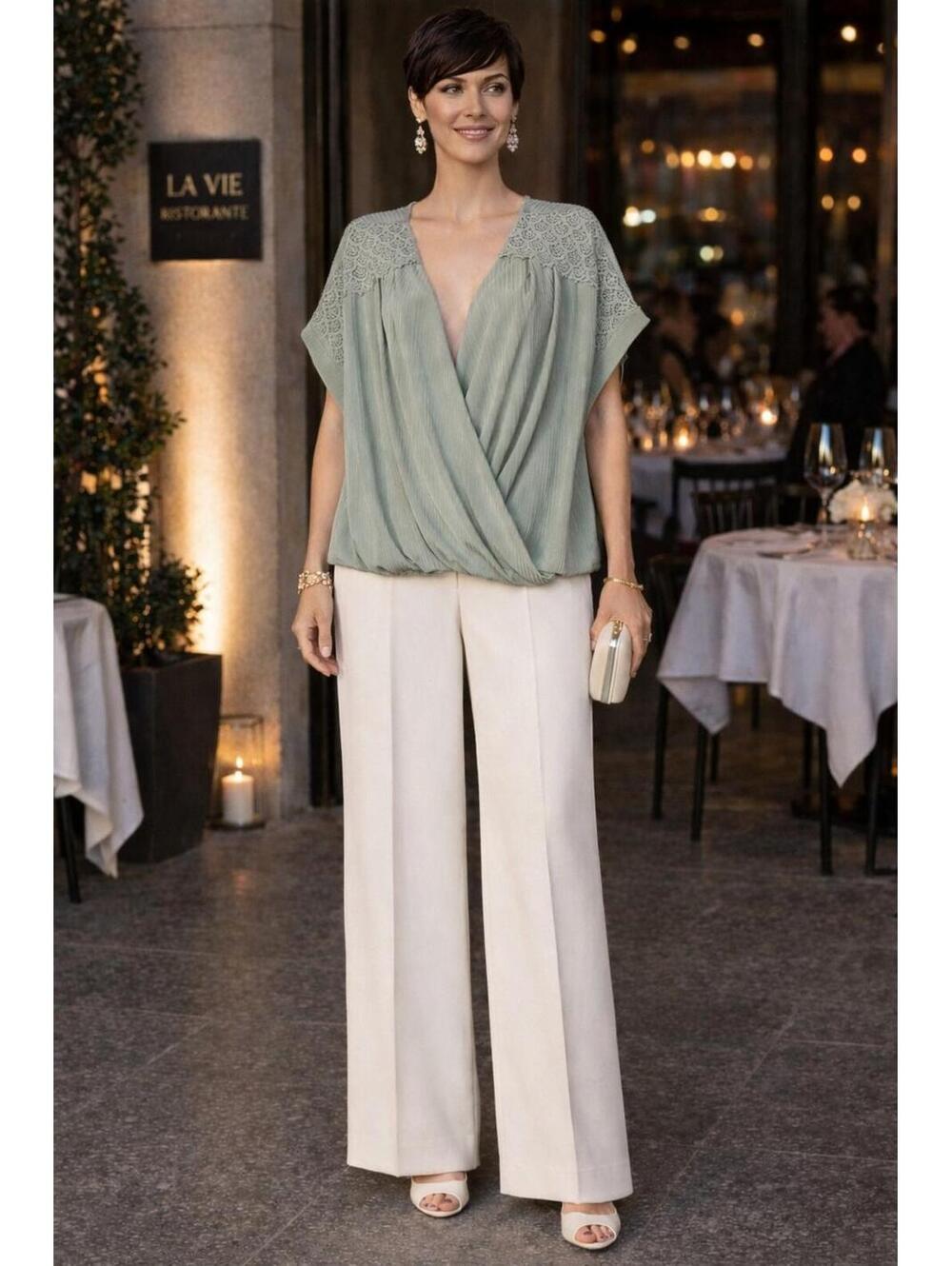 Rio & Rian Women's Mint Green Faux Wrap Draped Ribbed Embroidered Blouse, 3X